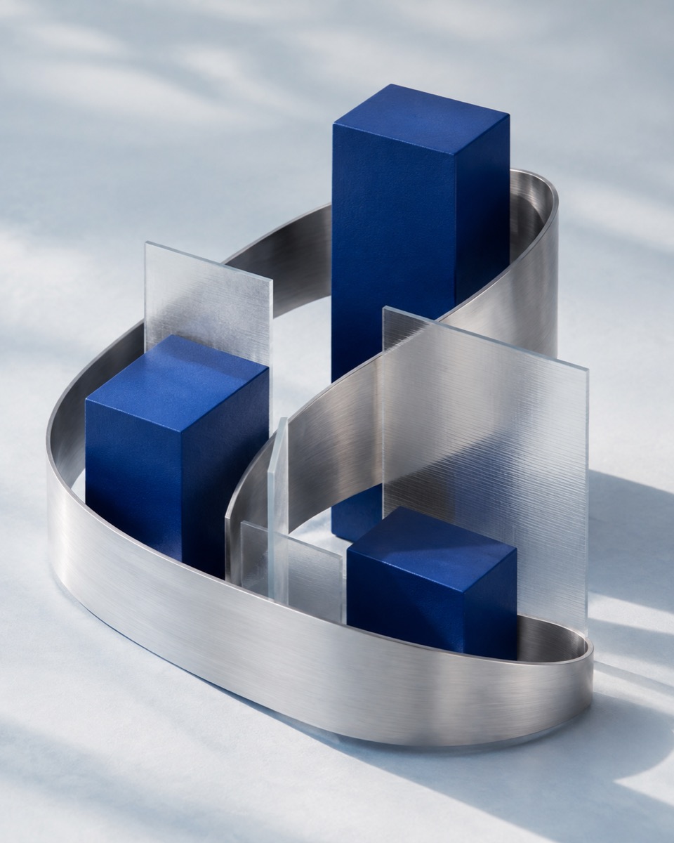 Ilustración arquitectónica de módulos azules conectados por una estructura flexible